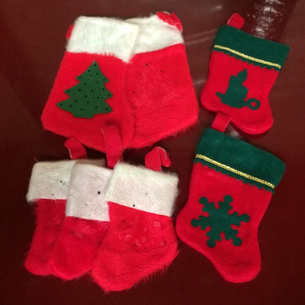 7 Mini Christmas Stockings Holiday Decor Red White Green Trees Snowflake Candle